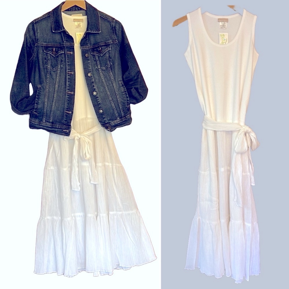 Maxi Dress Ribbed Knit & Gauze Belted Tiered Sleeveless Tank White